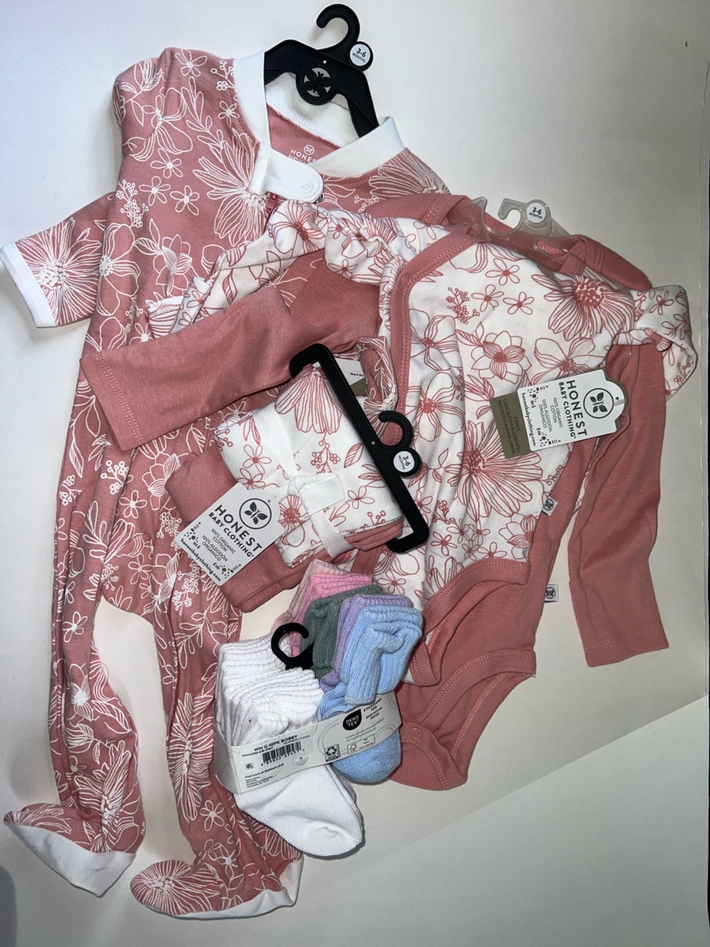 Honest Baby Clothing 3-6M Floral 3 piece Set w/ 6-18m socks, Dusty Rose